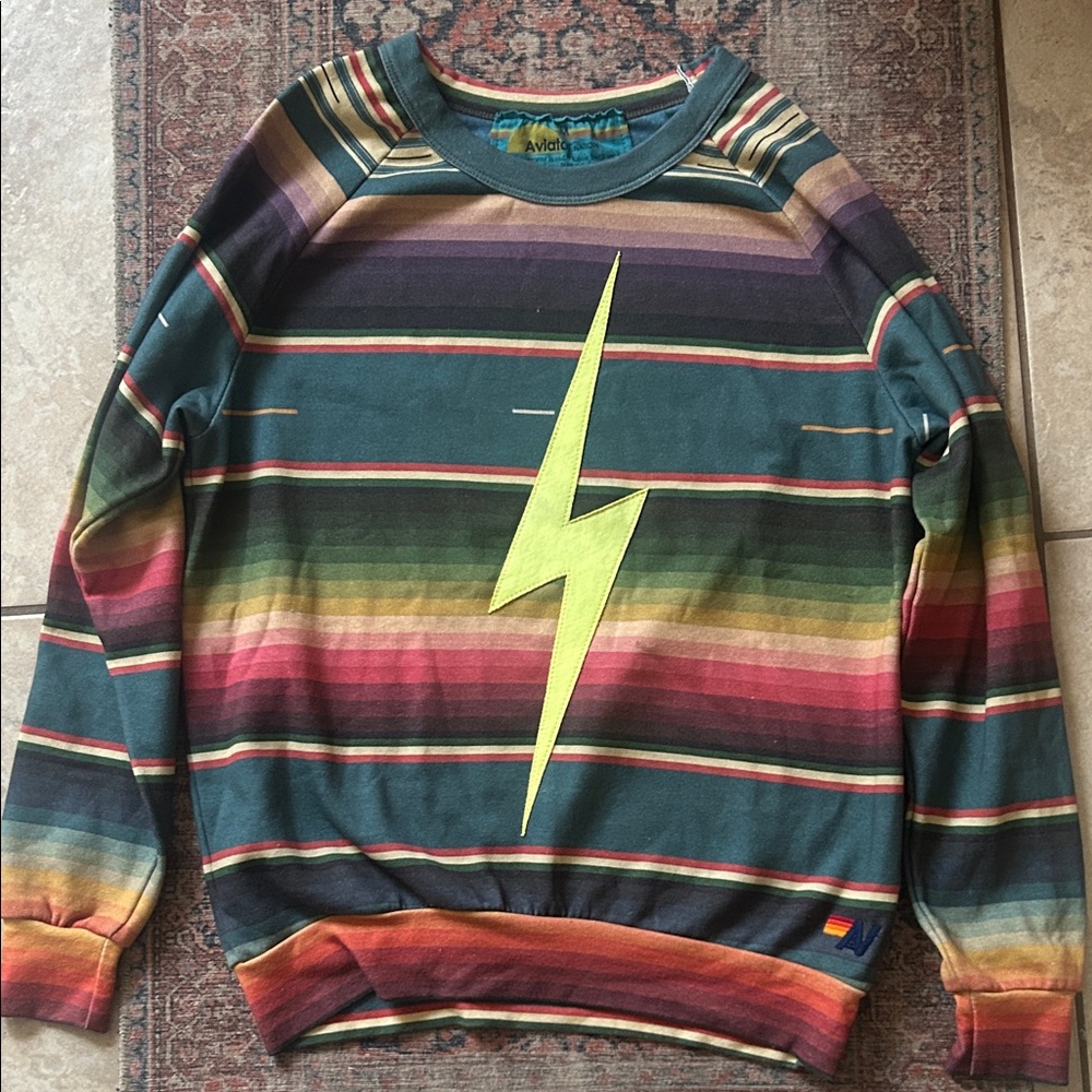 Aviator Nation Teal Striped Pullover with Rainbow Gradient New w/out tags